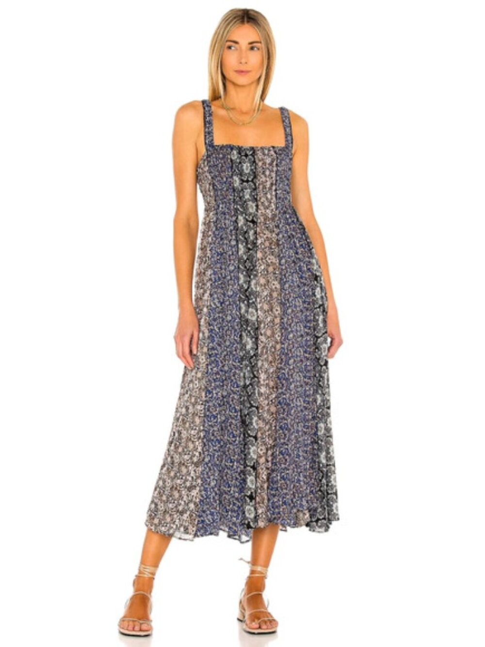 Free People Come Together Smocked Midi Dress Sz S Black Floral Sleeveless Boho